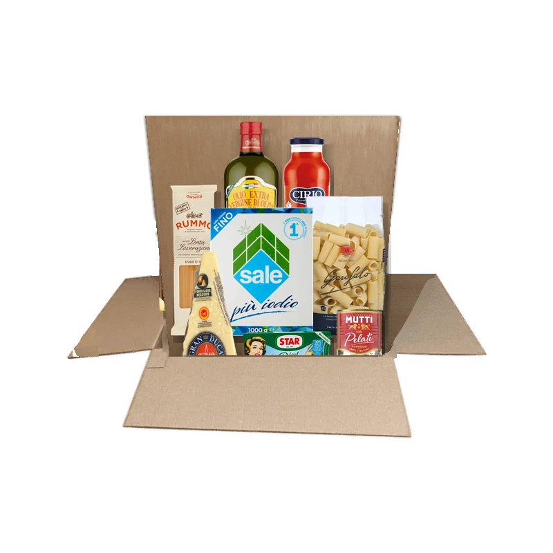 Box La Dispensa Italiana con olio Desantis, Parmigiano Reggiano, Cirio, Mutti, Garofalo e Rummo in una scatola Spesa da Antonio