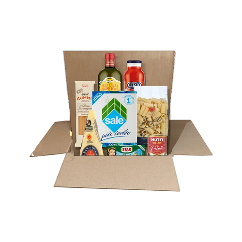 Voorraadkastpakket met Desantis-olijfolie, Parmigiano Reggiano, Cirio, Mutti, Garofalo en Rummo in een doos van Spesa da Antonio