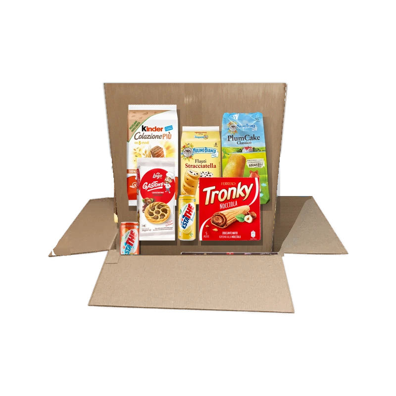 Box Merenda con Kinder, Ferrero Tronky, Mulino Bianco, Lago, Pavesi Ringo ed Estathé in una scatola Spesa da Antonio