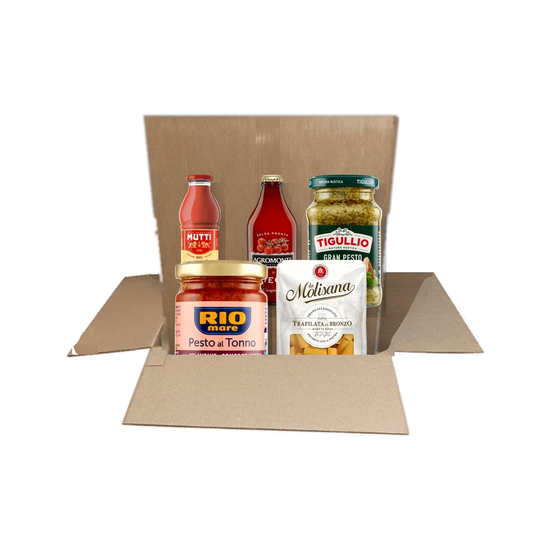 Pastabox met rigatoni van La Molisana en vier Italiaanse pastasauzen in een doos van Spesa da Antonio