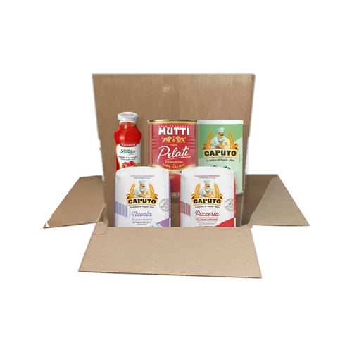 Pizzabox met Caputo pizzameel, gist en Italiaanse tomaten in een doos van Spesa da Antonio