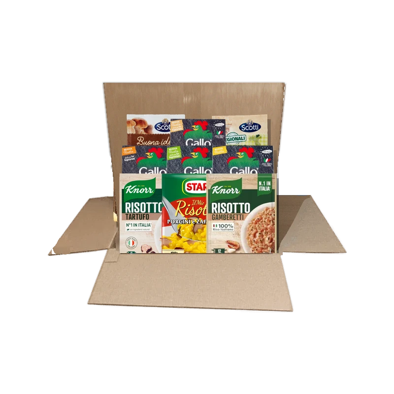 Risottopakket met kant-en-klare risotto van Gallo, Knorr, Scotti en Star in een doos van Spesa da Antonio