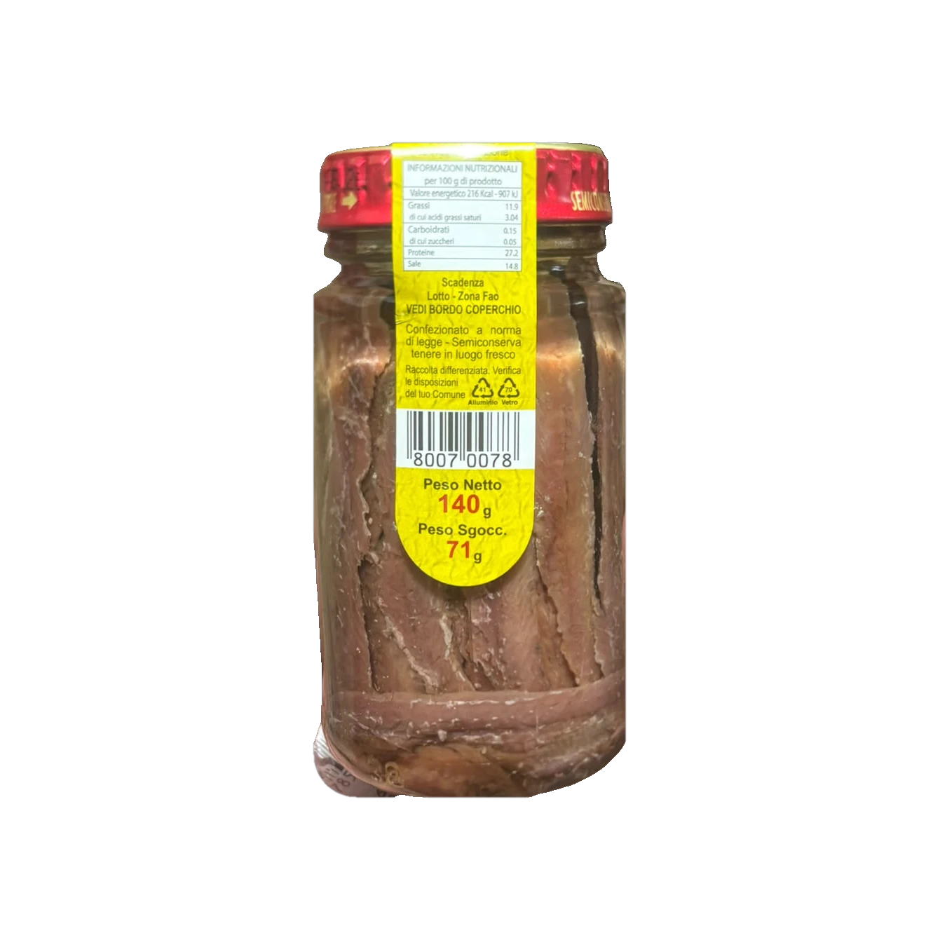 Brunetto Filetti di Acciughe 140 g, glazen potje met ansjovisfilets en rode deksel