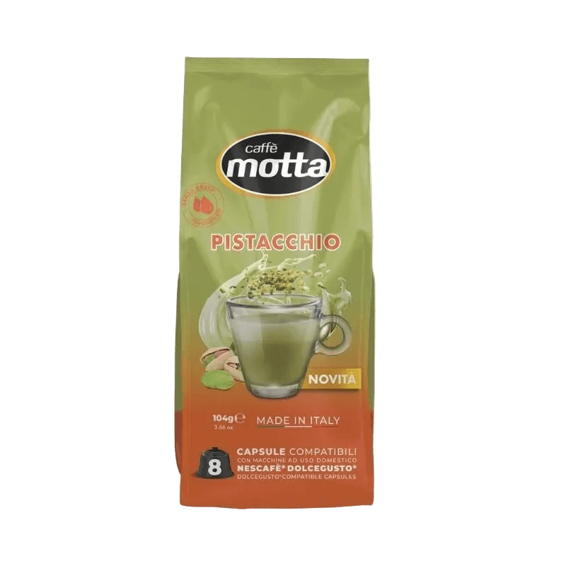 Caffè Motta Pistacchio 8 capsules Dolce Gusto 104 g, groene zak met kopje en pistachenoten