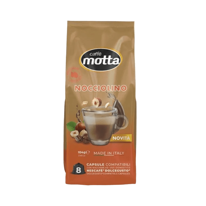 Caffè Motta Nocciolino 8 capsules Dolce Gusto 104 g, beige zak met kopje en hazelnoten
