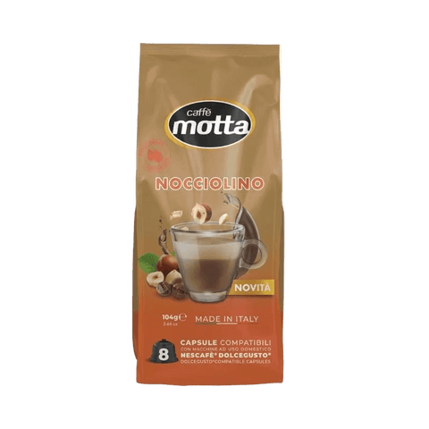 Caffè Motta Nocciolino 8 capsule Dolce Gusto 104 g, busta beige con tazza e nocciole