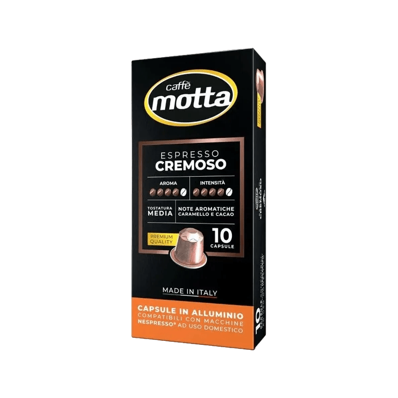 Caffè Motta Espresso Cremoso 10 cups, zwart doosje met bruin kader