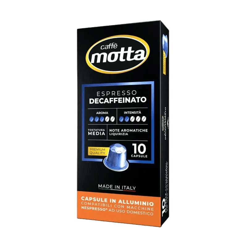 Caffè Motta Espresso Decaffeinato 10 cups, zwart doosje met blauw kader