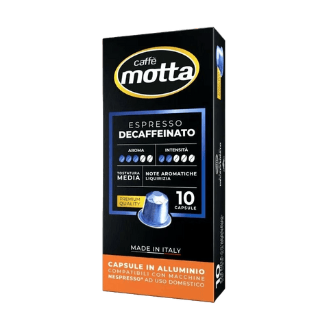 Caffè Motta Espresso Decaffeinato 10 capsule, astuccio nero con riquadro blu