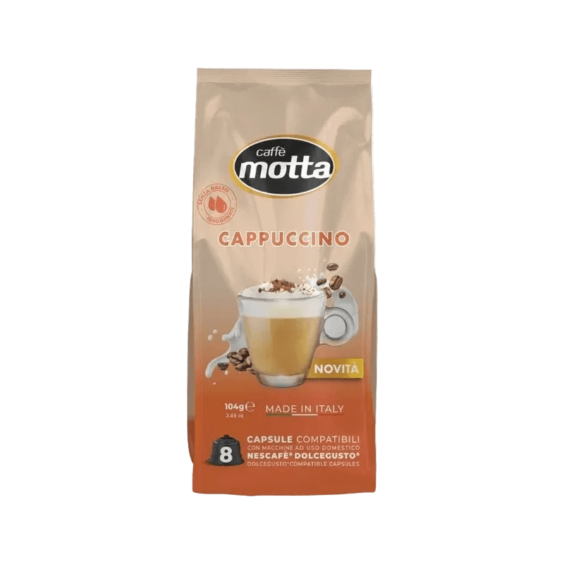 Caffè Motta Cappuccino 8 capsules Dolce Gusto 104 g, crèmekleurige zak met kopje cappuccino met schuim