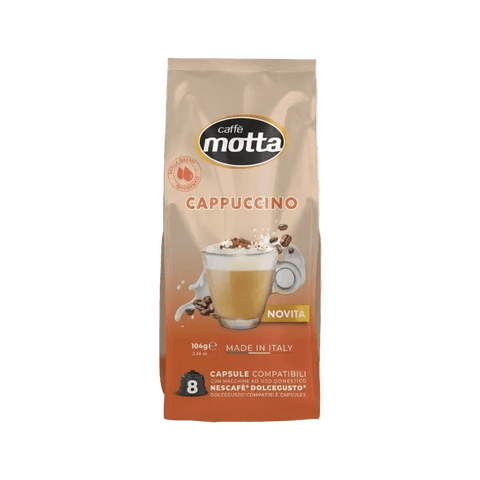 Caffè Motta Cappuccino 8 capsule Dolce Gusto 104 g, busta color crema con tazza di cappuccino schiumato