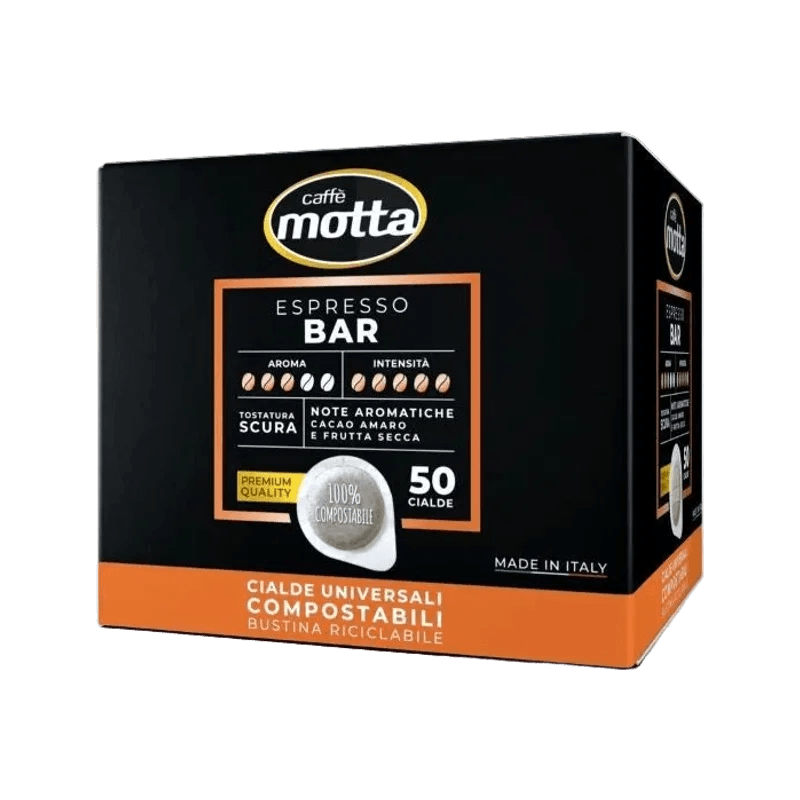 Caffè Motta Espresso Bar 50 cialde, zwart met oranje doos en composteerbare ESE pad