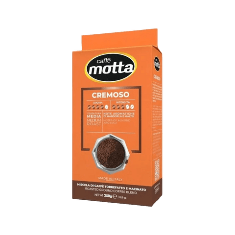 Caffè Motta Il Cremoso 250 g, astuccio arancione con moka e note di mandorla e malto