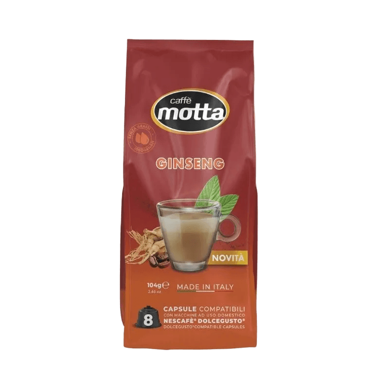 Caffè Motta Ginseng 8 capsules Dolce Gusto 104 g, rode zak met kopje en ginsengwortel