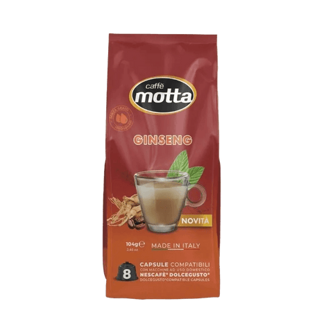 Caffè Motta Ginseng 8 capsule Dolce Gusto 104 g, busta rossa con tazza e radice di ginseng