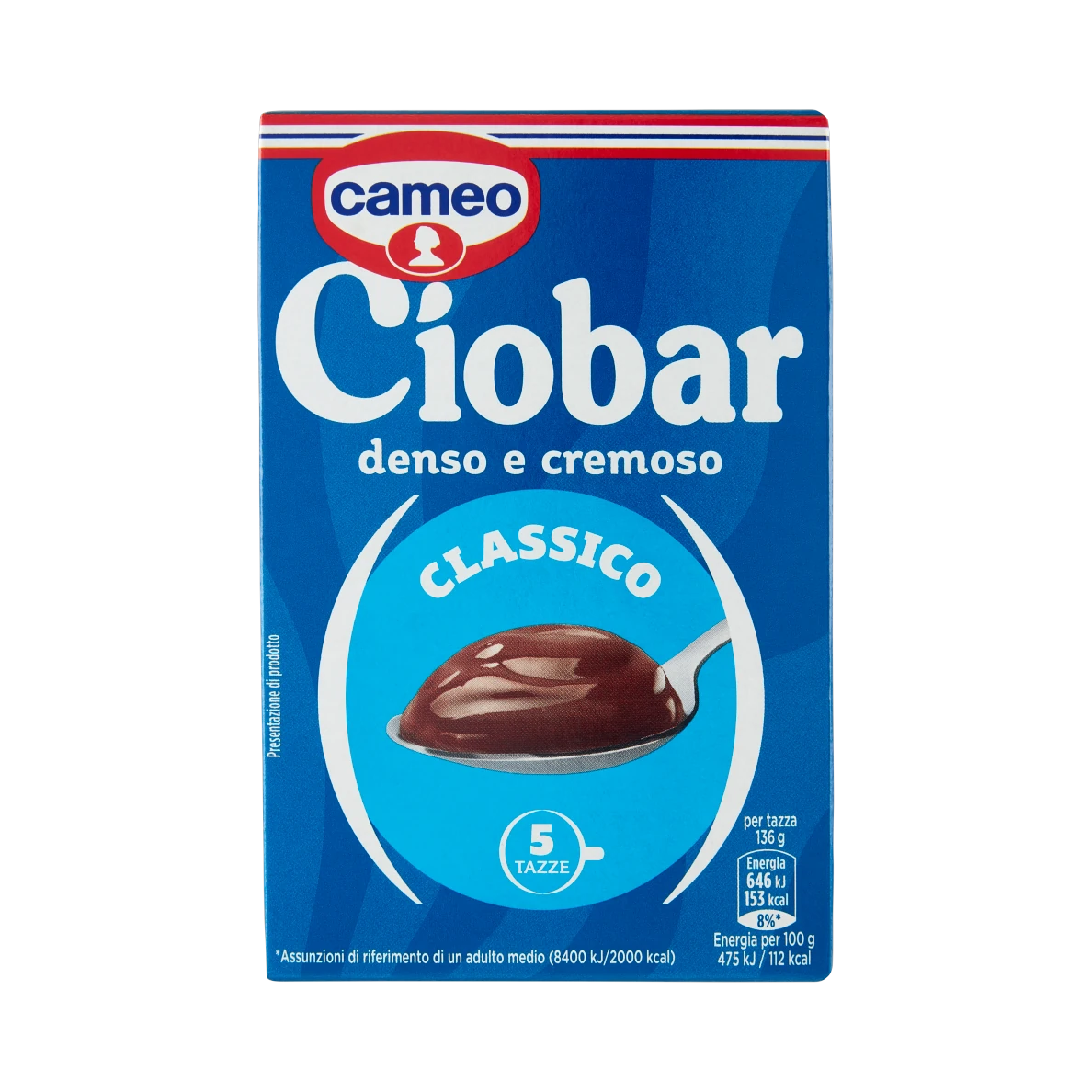 Cameo Ciobar Classico warme chocolademelk 5 zakjes 125 g, blauw doosje met lepel dikke chocolademelk