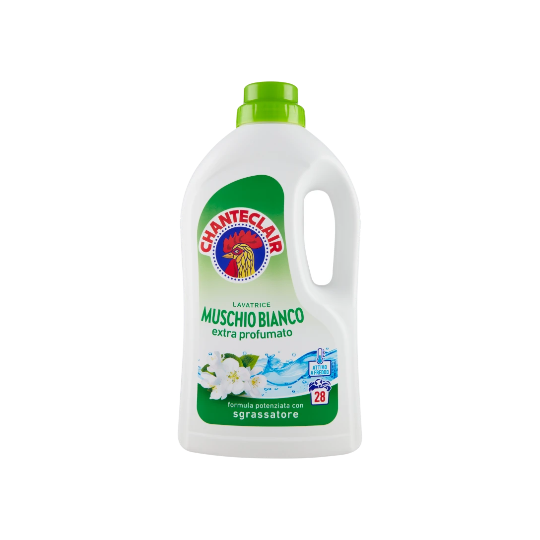 Chanteclair Detersivo Lavatrice Muschio Bianco 1260 ml, flacone bianco e verde con fiori bianchi