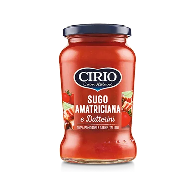 Cirio amatriciana saus met datterini 190 g, glazen potje met saus van gerookte pancetta