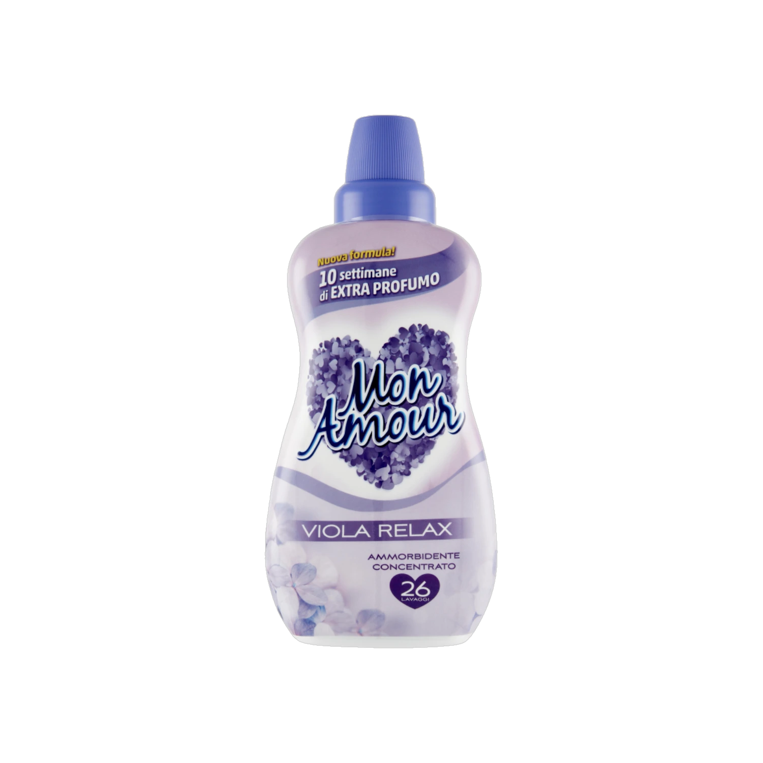 Felce Azzurra Mon Amour wasverzachter Ninfea Viola 650 ml, paarse fles met hart op het etiket