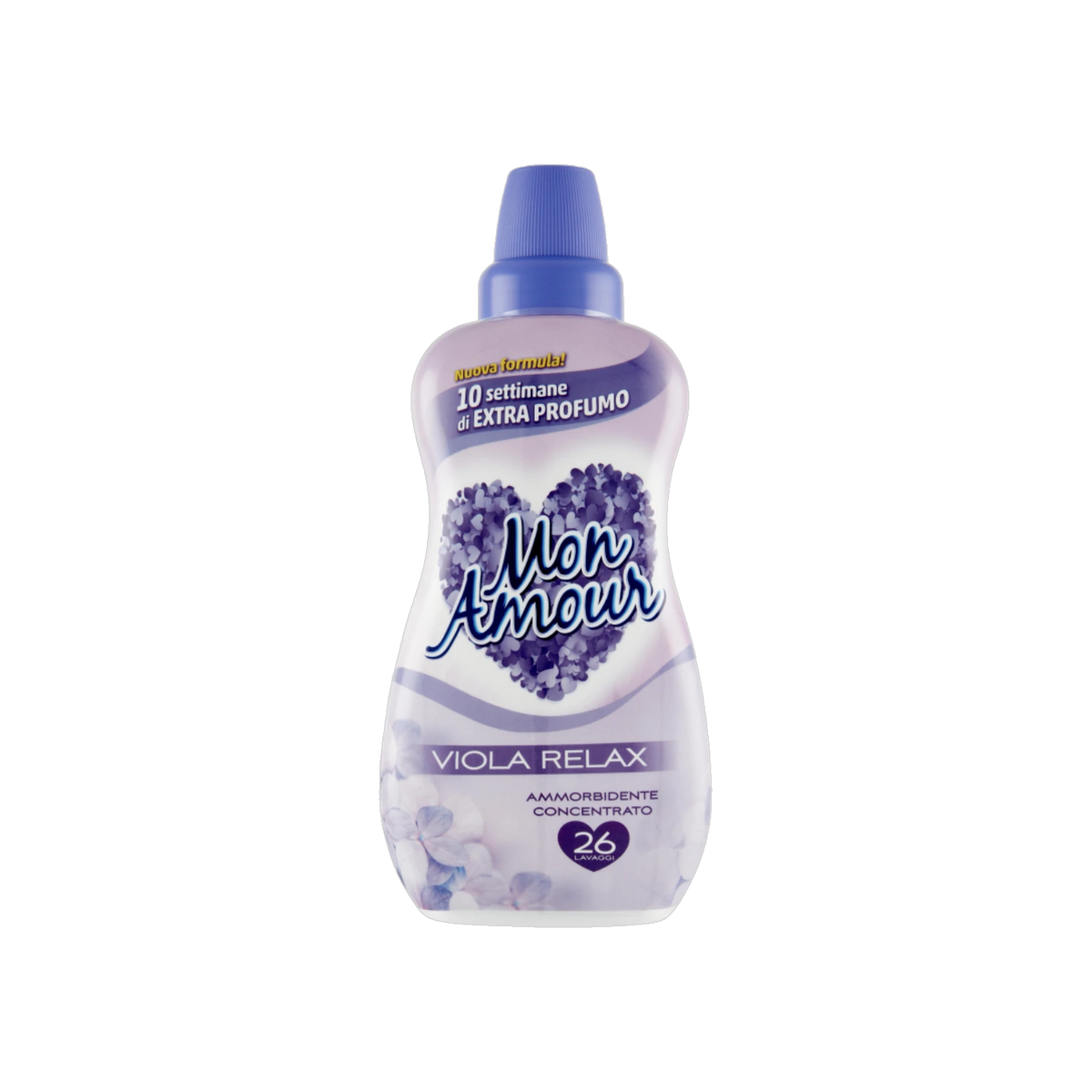 Felce Azzurra Mon Amour wasverzachter Ninfea Viola 650 ml, paarse fles met hart op het etiket