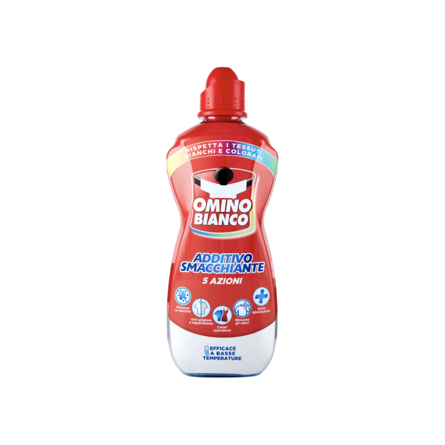 Omino Bianco Additivo Smacchiante Gel 900 ml, flacone bianco con etichetta rossa