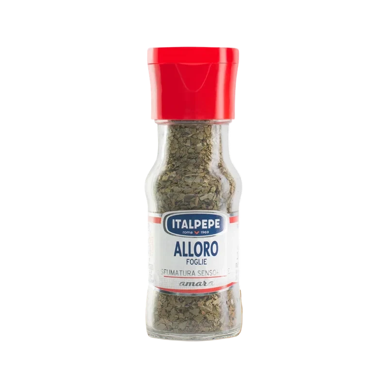 Italpepe laurierblad 15 g, glazen potje met rode dop en wit etiket