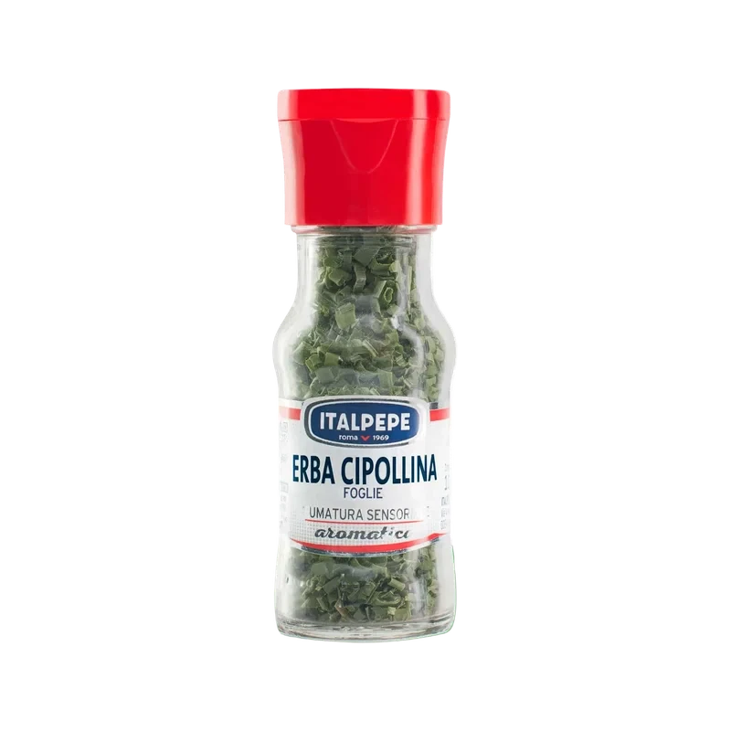 Italpepe Erba Cipollina 5 g, vasetto di vetro con tappo rosso e foglie verdi essiccate