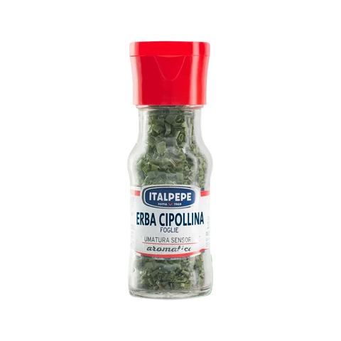 Italpepe Erba Cipollina 5 g, vasetto di vetro con tappo rosso e foglie verdi essiccate