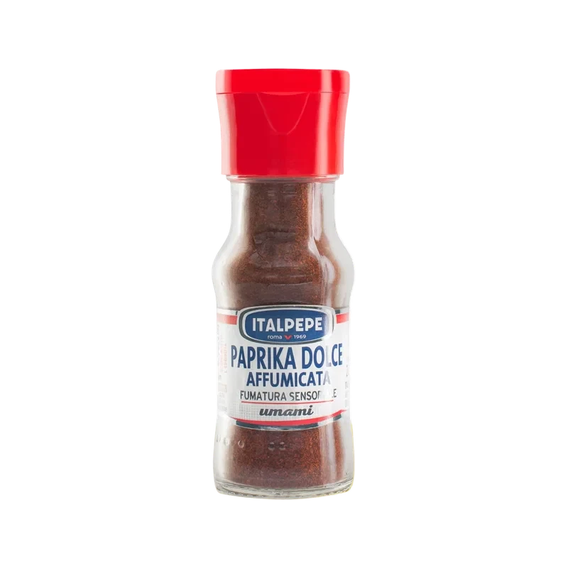 Italpepe Paprika Dolce Affumicata 26 g, vasetto di vetro con polvere rosso scuro e tappo rosso