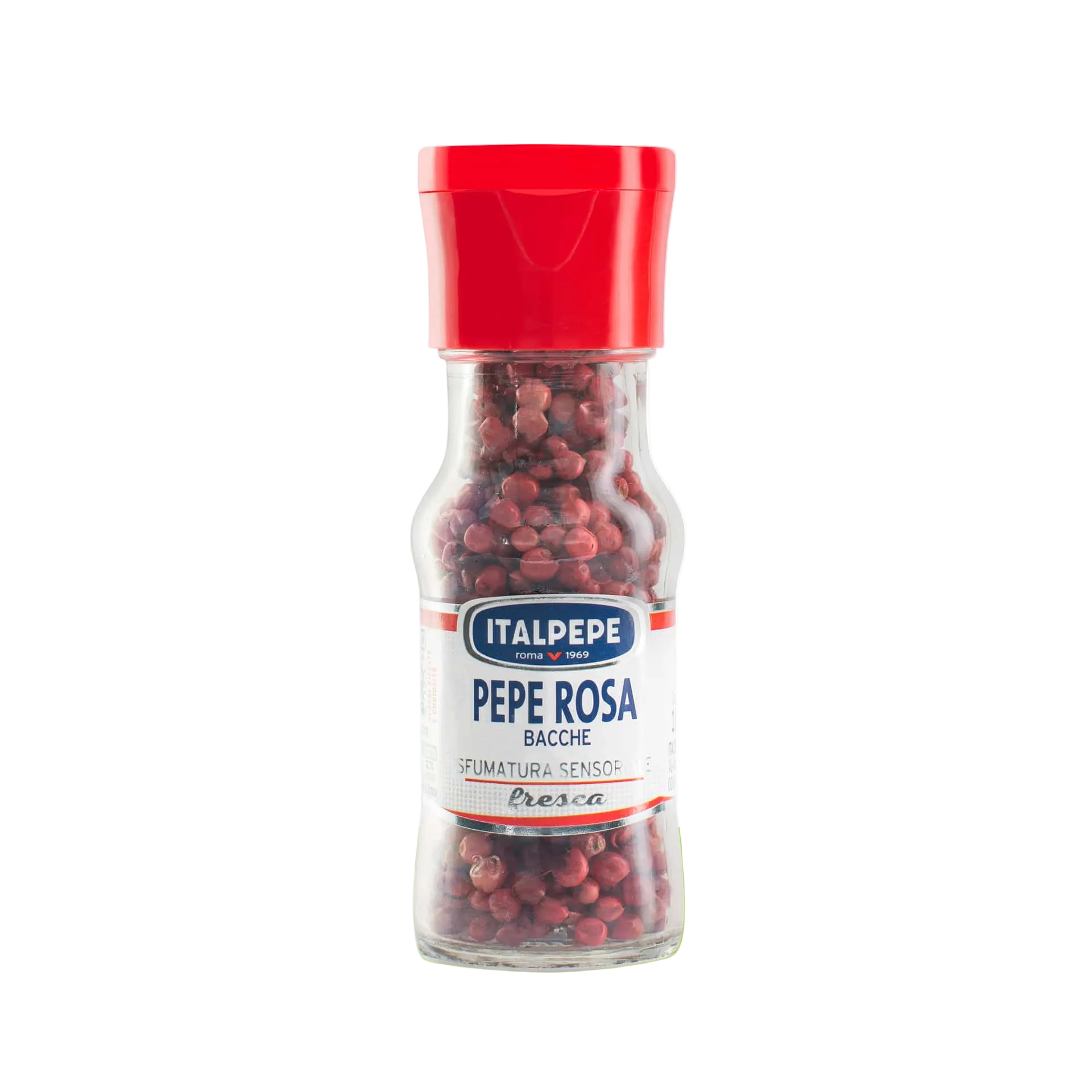Italpepe roze peperbessen 18 g, glazen potje met rode dop en hele roze bessen