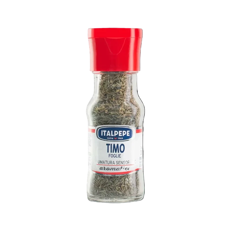 Italpepe Timo in Foglie 10 g, vasetto di vetro con tappo rosso e foglioline essiccate