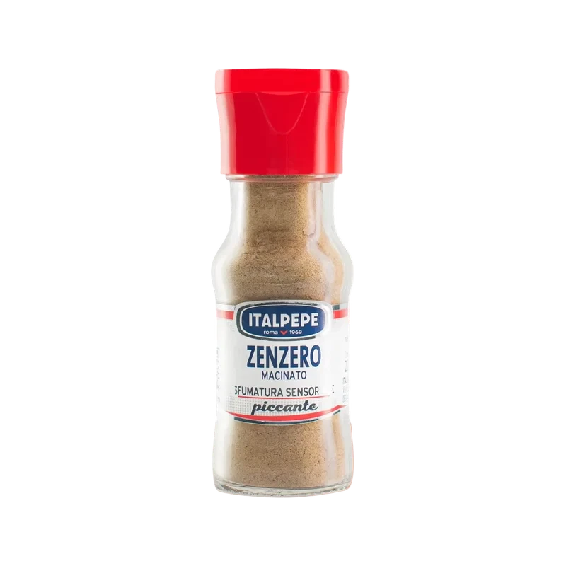 Italpepe Zenzero Macinato 20 g, vasetto di vetro con tappo rosso e polvere color sabbia