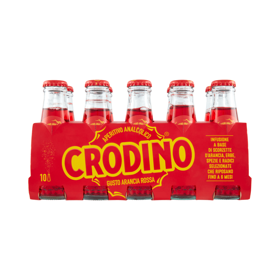 Crodino Arancia Rossa aperitivo analcolico 10 x 100 ml, confezione rossa con dieci bottigliette in vetro