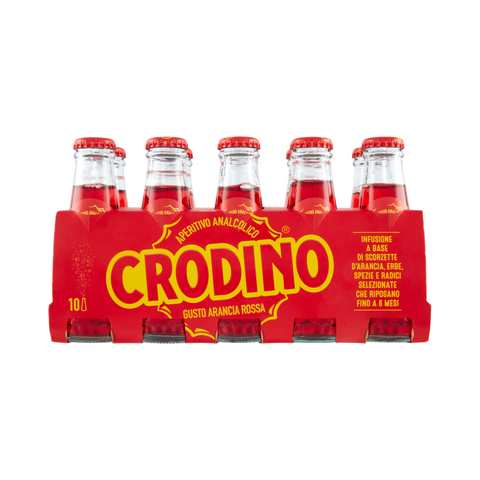 Crodino Arancia Rossa aperitivo analcolico 10 x 100 ml, confezione rossa con dieci bottigliette in vetro
