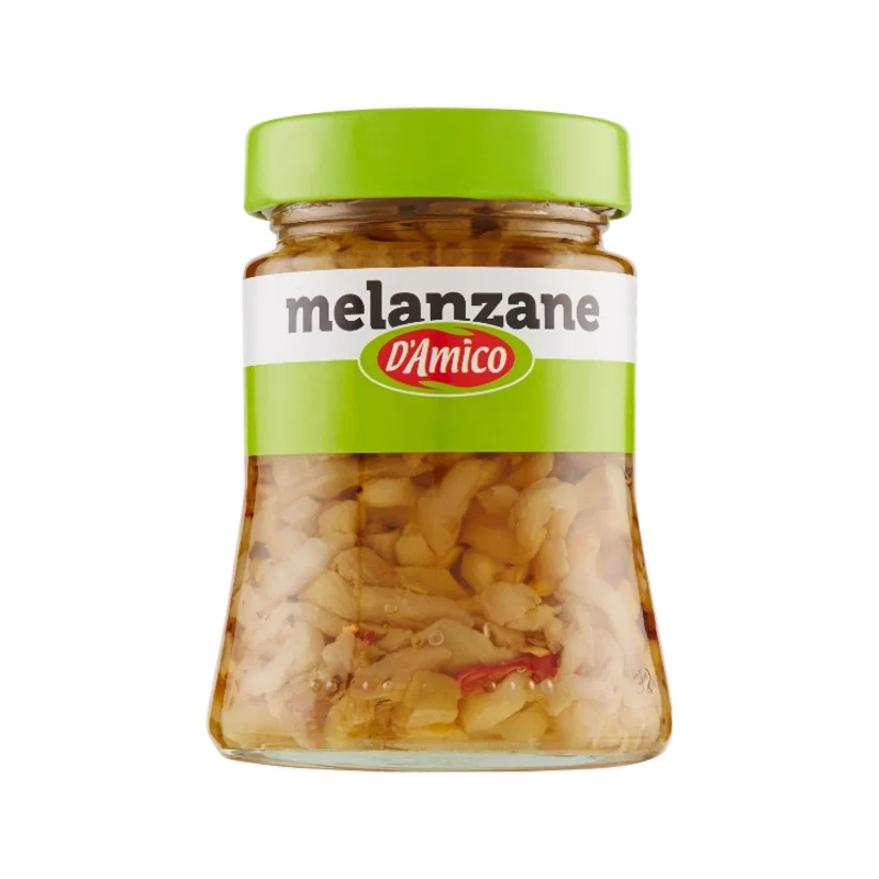 D'Amico Melanzane a Filetti 280 g, glazen pot met auberginereepjes op olie