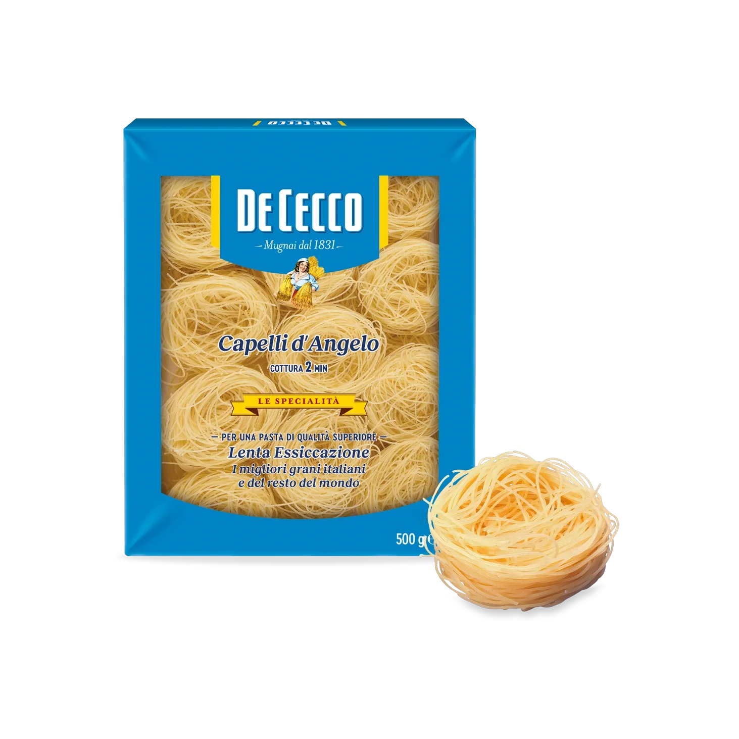 De Cecco Capelli d'Angelo engelenhaar n. 209 500 g, blauwe doos met een nestje dunne pasta ernaast