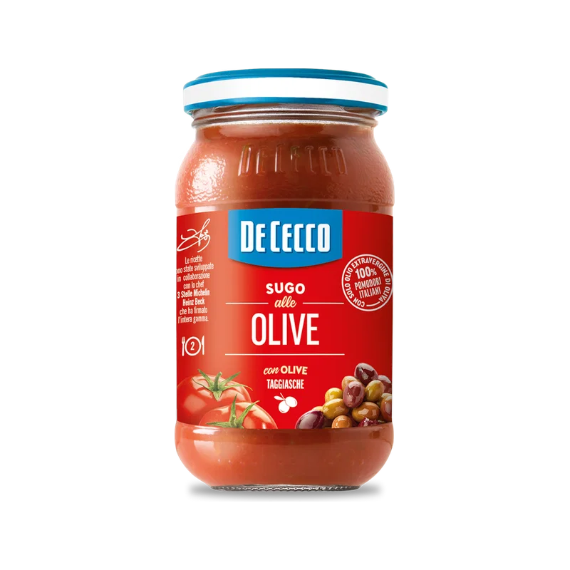 De Cecco Sugo alle Olive 200 g, potje met taggiasche olijven
