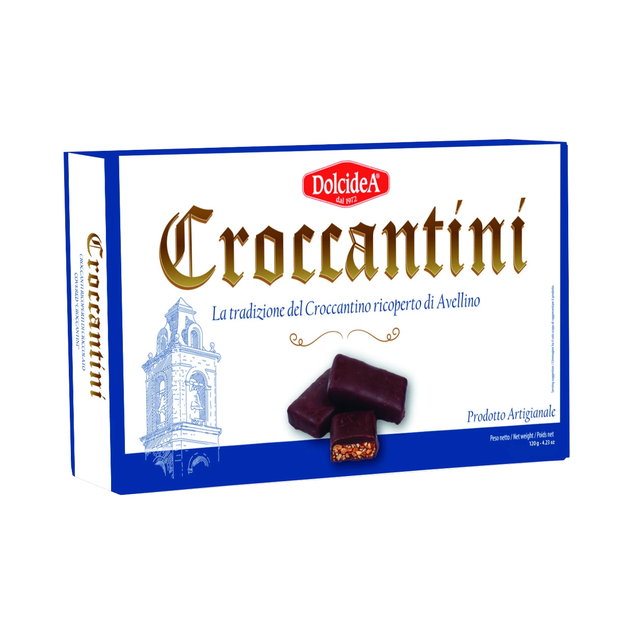 Dolcidea Croccantini ricoperti di cioccolato fondente 120 g, scatola bianca e blu con croccantini al cioccolato fondente