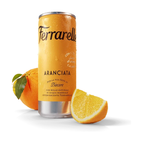 Ferrarelle Aranciata 250 ml, lattina slim arancione con arancia