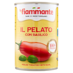 La Fiammante Pomodori Pelati al Basilico 400 g, latta di pomodori italiani con basilico fresco