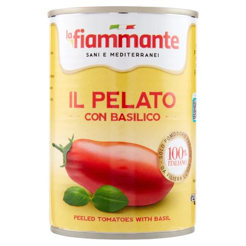 La Fiammante Pomodori Pelati al Basilico 400 g, latta di pomodori italiani con basilico fresco