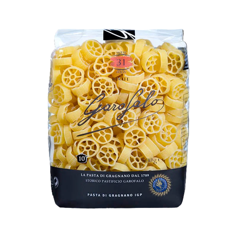 Garofalo Ruote N°31 500 g, transparante zak met wielvormige pasta en zwarte band Pasta di Gragnano IGP