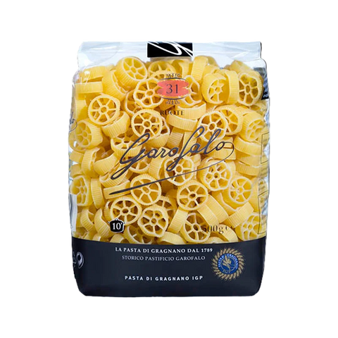 Garofalo Ruote N°31 500 g, sacchetto trasparente con pasta a forma di ruota e fascia nera Pasta di Gragnano IGP