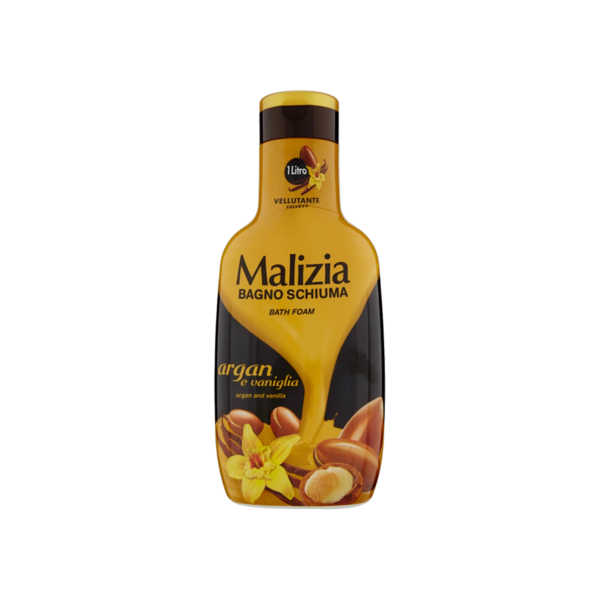 Malizia Bagnoschiuma Argan e Vaniglia 1 L, flacone giallo e nero