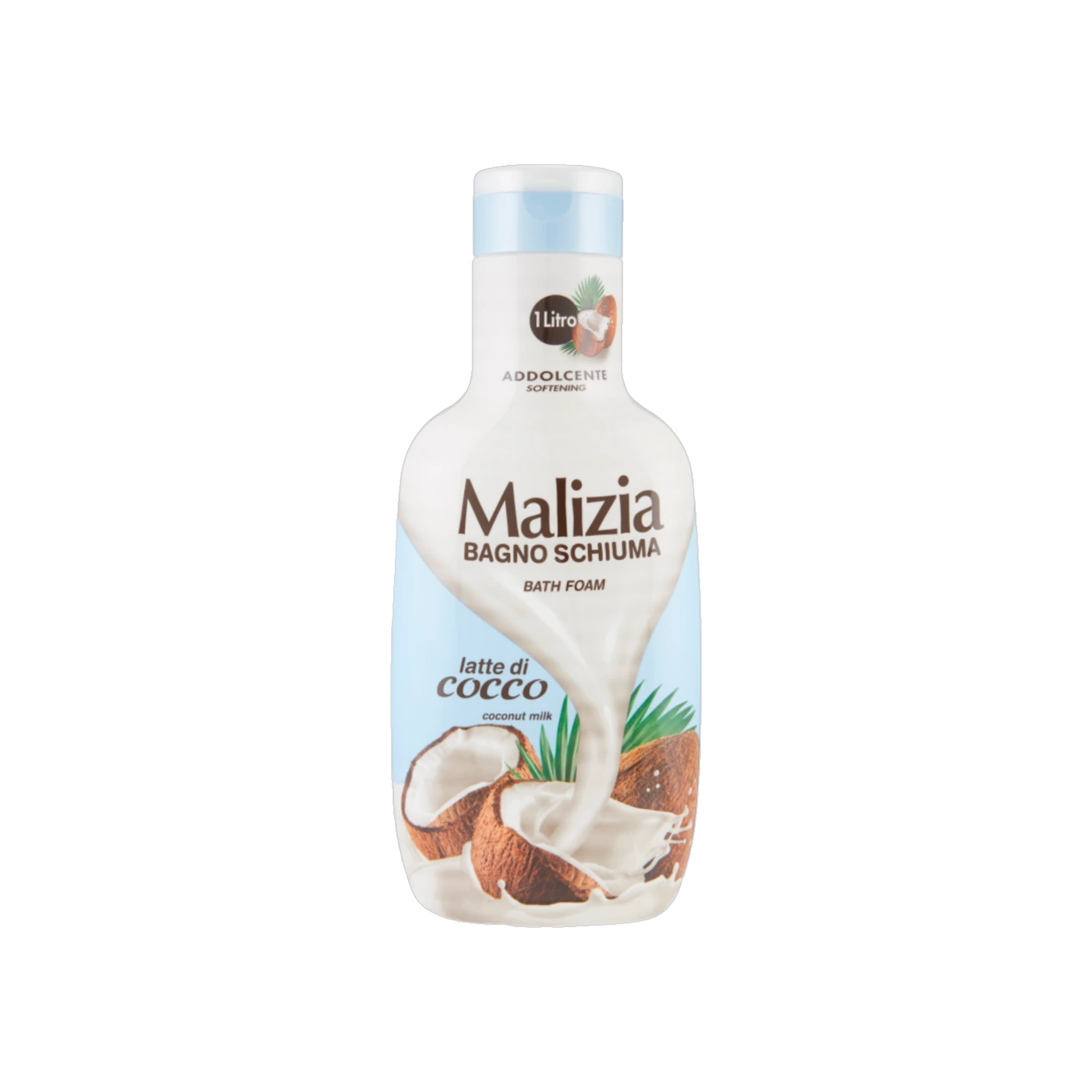 Malizia Bagnoschiuma Latte di Cocco 1 L, flacone bianco con tappo azzurro e cocco in etichetta