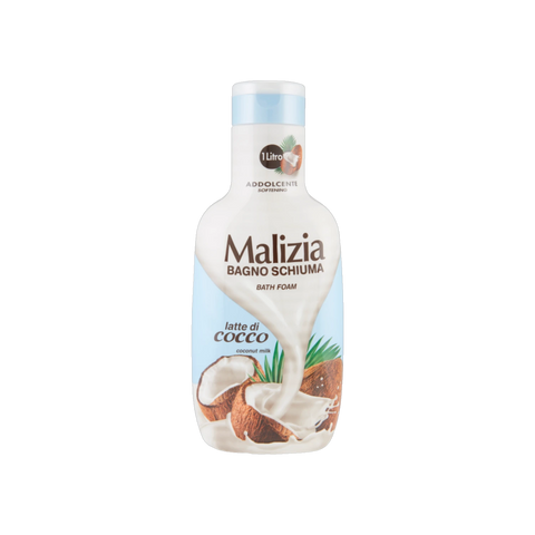 Malizia Bagnoschiuma Latte di Cocco 1 L, flacone bianco con tappo azzurro e cocco in etichetta