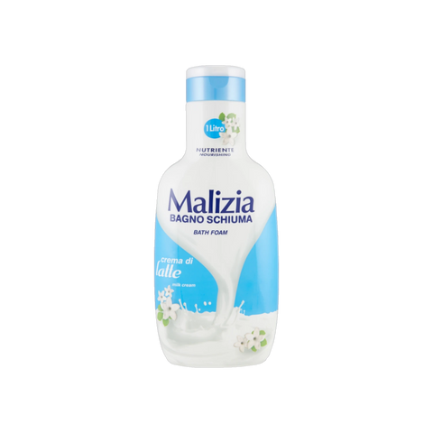 Malizia Bagnoschiuma Crema di Latte 1 L, flacone bianco e azzurro