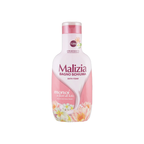 Malizia Bagnoschiuma Monoi e Fiori di Loto 1 L, flacone rosa e bianco