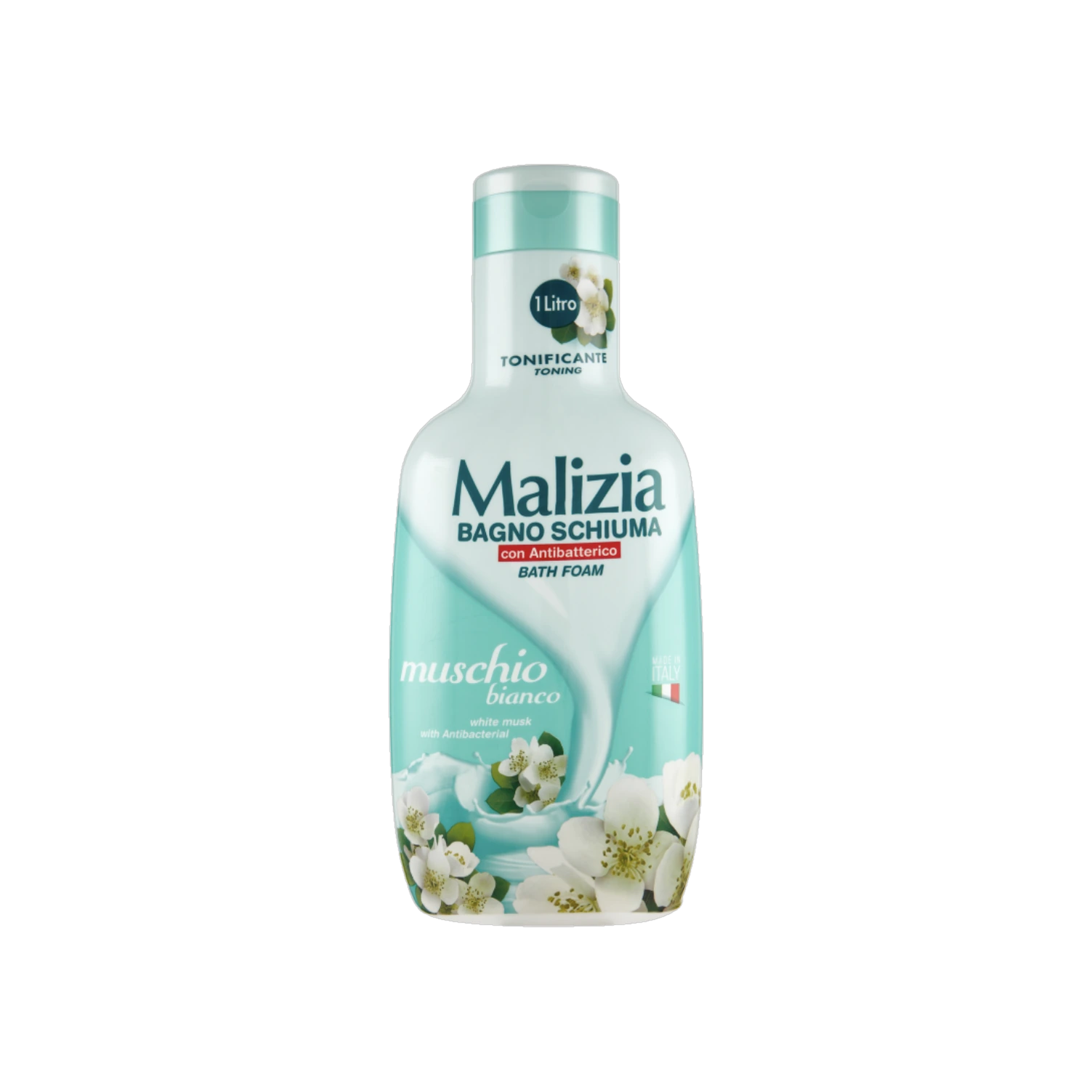 Malizia badschuim Muschio Bianco 1 L, turquoise fles met witte bloemen op het etiket