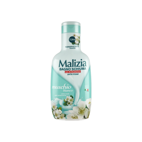 Malizia Bagnoschiuma Muschio Bianco 1 L, flacone verde acqua con fiori bianchi